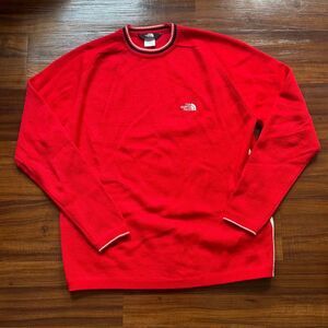 Vintage The North Face Red Wool Sweater Mens Small Striped Trim Crew Neck Jumper